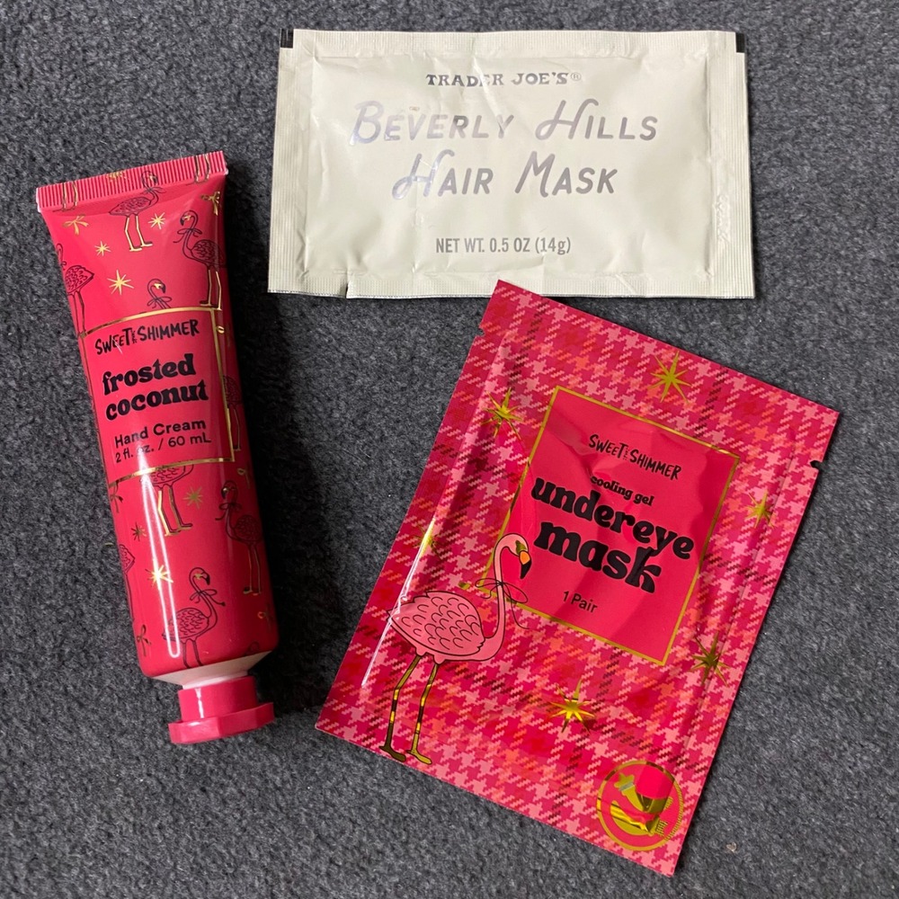 Sweet Shimmer Frosted Coconut Hand Cream, Under Eye Mask, Trader Joe's Hair Mask